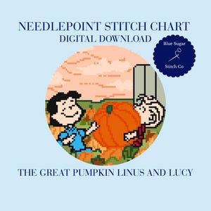 Peut inclure: Un diagramme de point de canevas numérique avec une illustration en pixel art de Linus et Lucy et une grosse citrouille orange dans un champ. Le texte indique NEEDLEPOINT STITCH CHART DIGITAL DOWNLOAD et THE GREAT PUMPKIN LINUS AND LUCY.