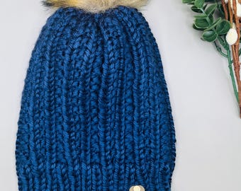 Bonnet en grosse maille fait main | Bonnet côtelé à pompons