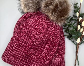 Ensemble bonnet en laine mérinos tricoté main Mommy & Me | Pompons en fausse fourrure