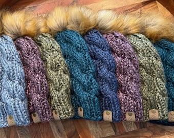 Hand-Knit Cable Beanie | Purple Winter Hat with Faux Fur Pom