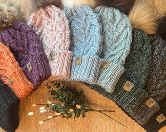 Hand-Knit Cable Beanie | Soft Winter Hat with Faux Fur Pom