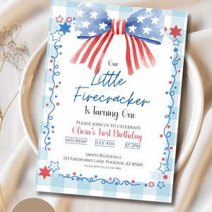 Little Firecracker 1st Birthday Invitation, July 4th Theme (Canva Template)
