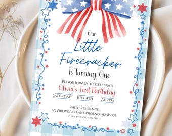 Little Firecracker 1st Birthday Invitation, July 4th Theme (Canva Template)