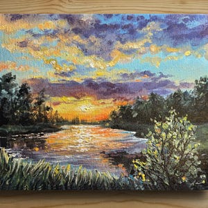 Sunset Over Pond Handpainted Acrylic Painting Canvas Art Gift