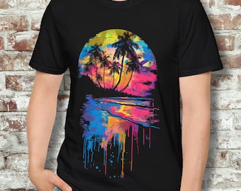 Vibrant Neon Drip Palm Beach Sunset T-Shirt - Unisex Softstyle Tee, Beachwear, Vacation Top, Summer Gift, Graphic Tee, Trendy Outfit
