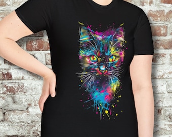 Colorful Splatter Art Cat Graphic T-Shirt, Vintage Art Tee, Pet Lover Gift, Creative Cat Shirt, Birthday Gift for Cat Owners, Color Drip