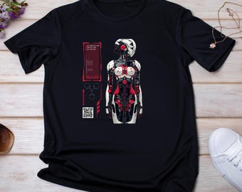 Camiseta gráfica de robot futurista, camiseta unisex de estilo suave, ropa ciberpunk, regalo para amantes de la tecnología, ropa urbana única.