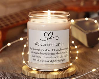 Vela de soja perfumada con poema "Bienvenido a casa", un regalo acogedor para inauguración de la casa, vida consciente, relajación y decoración del hogar.