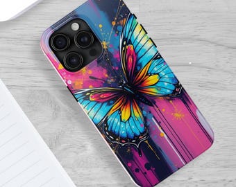 Funda resistente para teléfono con diseño abstracto de mariposa rosa, salpicadura de pintura, diseño único, amante de la naturaleza, artística, colores vibrantes, iPhone, Android