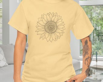 Camiseta unisex de algodón grueso con estampado floral de girasol, ropa informal, regalo para ella, moda ecológica, estilo primavera/verano.