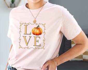 Camiseta "Amor de Calabaza", Camiseta de Moda de Otoño, Camiseta de Halloween, Ropa Casual Cómoda, Camiseta con Estampado de Otoño, Regalo para Amantes de las Calabazas, Camiseta para Amantes del Otoño