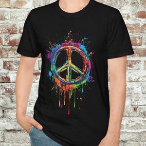 Rainbow Neon Drip Peace Sign Unisex T-Shirt, Boho Style Tee, Colorful Graphic Shirt, Eco-Friendly Gift, Music Festival Outfit, Splatter Art