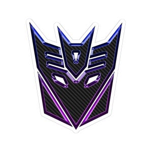 May include: A sticker featuring a stylized emblem with a carbon fibre texture. The emblem is primarily black with purple and blue gradient accents. The design has sharp angles and a symmetrical shape, with a white border.