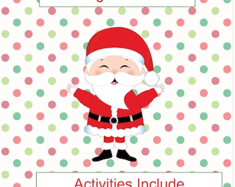 May include: A Christmas Activity Bundle for ages 6-9, featuring a cartoon Santa Claus illustration. The image includes text indicating activities such as word searches, mazes, math, puzzles, crosswords, and coloring. The product is a printable PDF.
