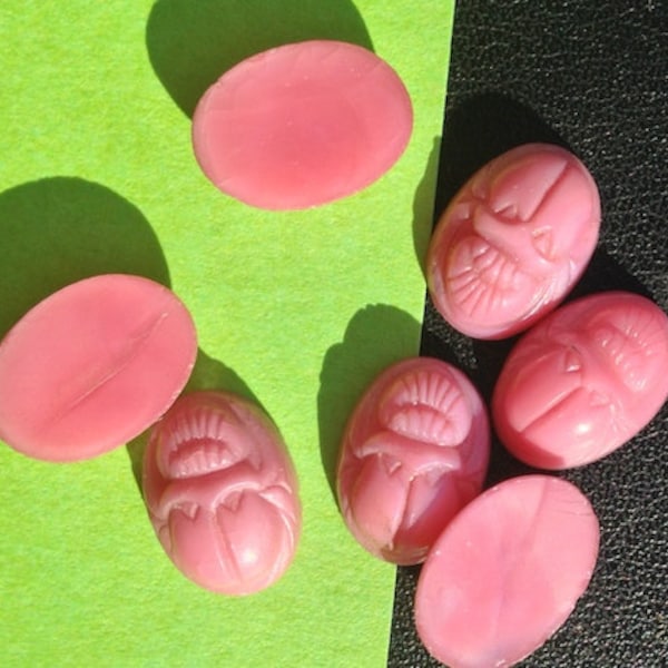 BWB Cute Little Tiny Scarab Cabs Pretty In Pink Vintage Rose Quartz Glass Egyptian Revival 14x18mm  (5 pieces)