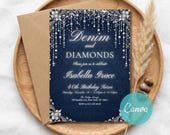 Denim and Diamonds Invite: Jean Party, Denim Birthday, Luxury Invitation,Editable Canva (Digital Download)
