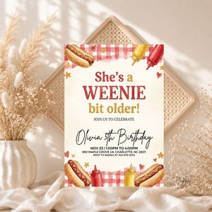 Girls Hotdog Birthday Invitation, Weenie Bit Older Party, BBQ Cookout Invite (Digital)