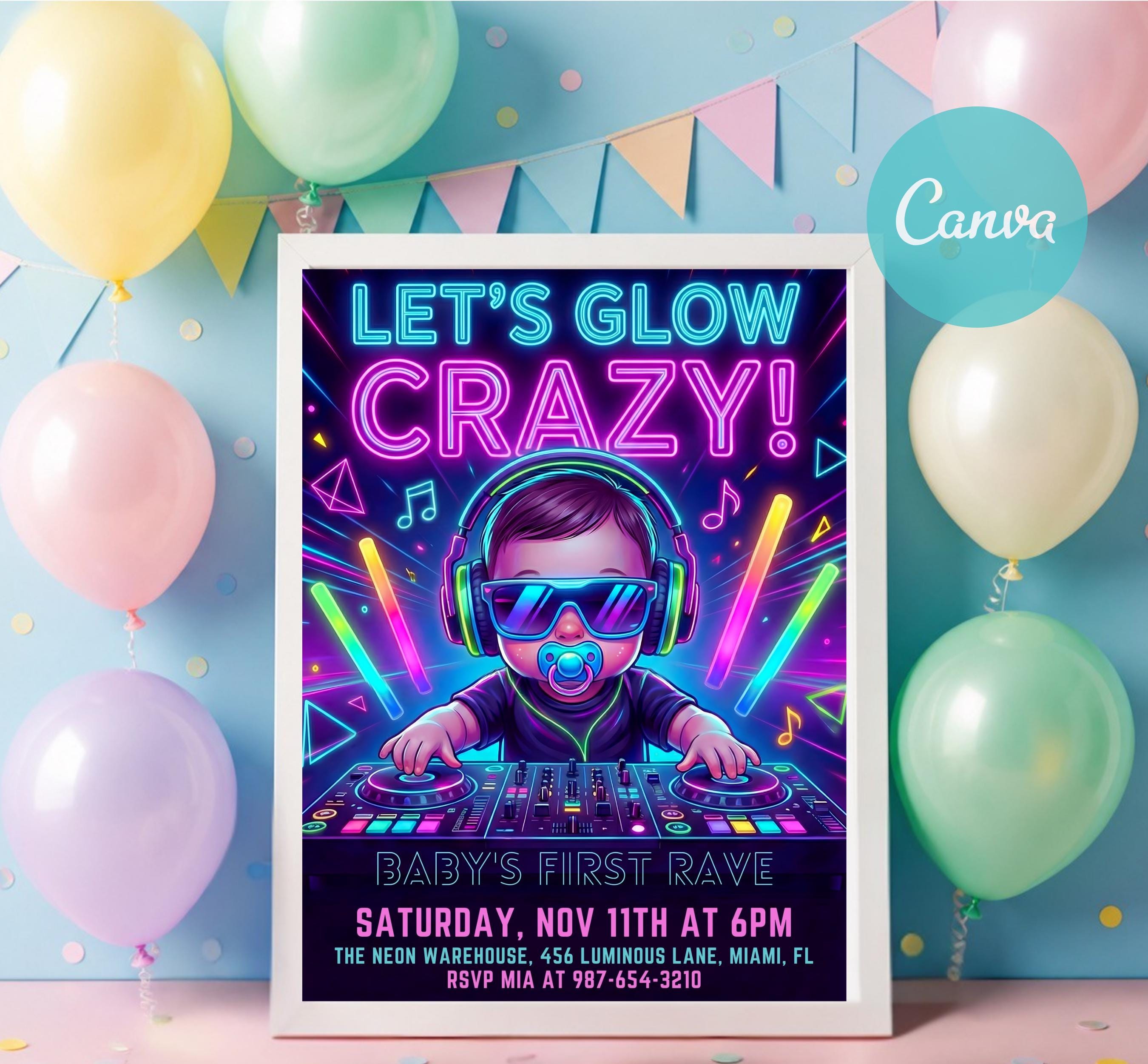 Kids Rave Invite Baby Rave Invitation: Glow Stick Party , Editable Canva Template ...