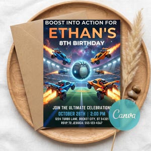 May include: A birthday invitation featuring a vibrant design with race cars and a soccer ball. The invitation reads "Boost into Action for Ethan's 8th Birthday." Additional text includes the date, time, and RSVP information. The invitation is set on a wooden tray.