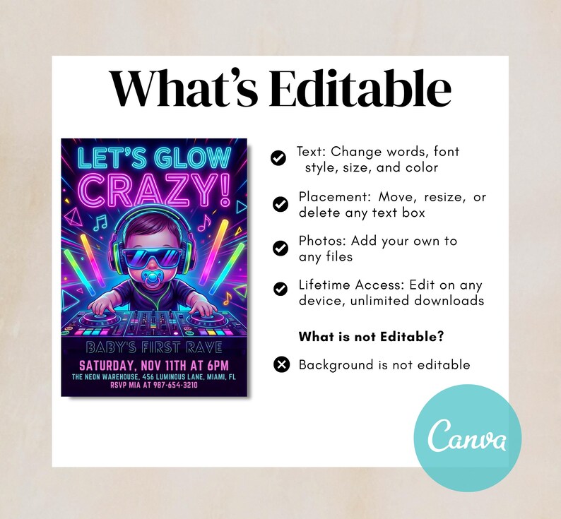 Baby Rave Sign Baby Rave Invitation: Glow Stick Party , Editable Canva Template ...