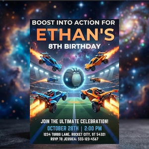 ロケットの誕生日招待状：ビデオゲームパーティー、男の子の誕生日招待状、ロケット船の誕生日、編集可能なCanva（デジタルダウンロード）