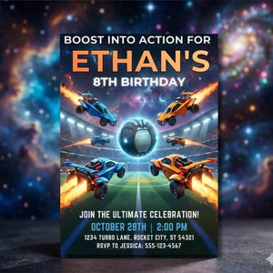 May include: A rectangular birthday invitation card featuring a space-themed background with four rocket-powered cars in blue and orange surrounding a central ball. Text reads: BOOST INTO ACTION FOR ETHAN'S 8TH BIRTHDAY, OCTOBER 28TH, 2:00 PM, 1234 TURBO LANE.