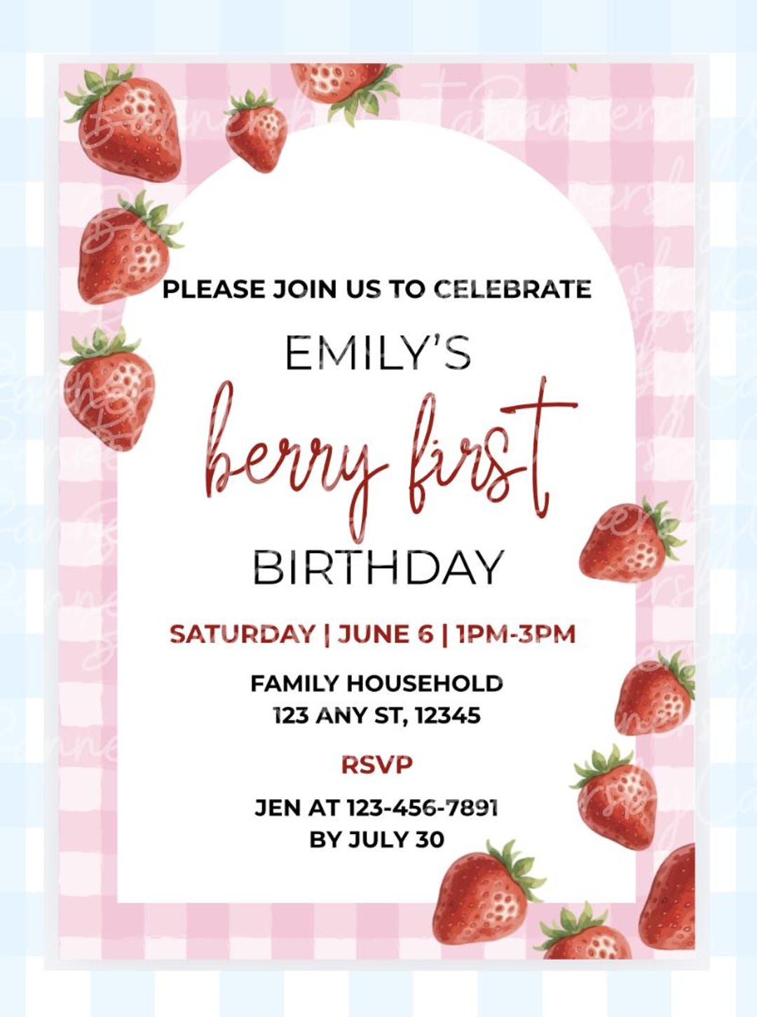 Strawberry First Birthday Invitation | Pink Gingham Berry Party ...