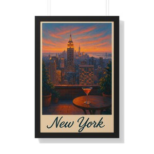 Framed New York City Skyline Wall Art — Empire State Building Sunset Print, Rooftop with Cocktail, Travel Home Decor, Black or White Frame