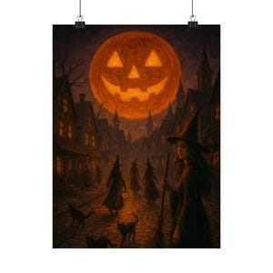 Halloween Witches & Pumpkin Moon Poster, Unframed Gothic Wall Art, Spooky Black Cat Print, High-Quality Multiple Sizes Décor