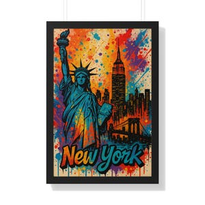 New York Street Art Print — Colorful Statue of Liberty & Skyline Wall Art, Framed Poster (Black or White), Graffiti Style, NYC Decor