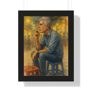 Impresión artística en acuarela de Anthony Bourdain: decoración de pared enmarcada inspirada en viajes