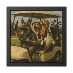 面白い犬の額入りポスター、ゴルフカートの犬のアート、ペット愛好家の装飾、犬をテーマにしたウォールアート、犬の飼い主への楽しいギフト