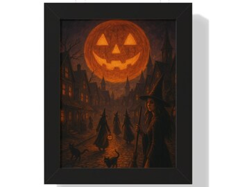 Arte enmarcado de brujas de Halloween y luna de calabaza: Impresión gótica de gato negro