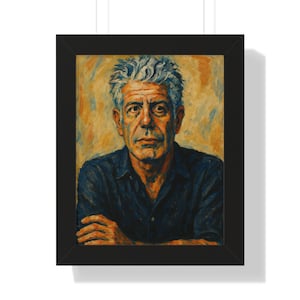 Retrato enmarcado de Anthony Bourdain: icono de los viajes culinarios, arte expresivo