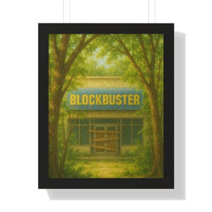Framed Nostalgic Blockbuster Poster — 90s Retro Wall Art, Vintage Movie Store Print, Man Cave Decor, Home Theater Framed Artwork