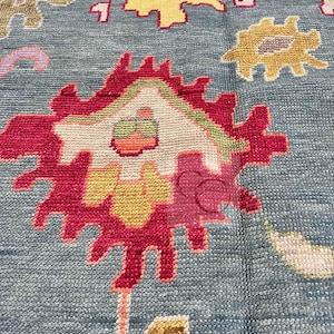 Teal Rug 9x12, Colorful Oushak Rug 8x10, Wool Rug Green Orange & Pink Accent, Turquoise Turkish Rug, Living Room Area Rug