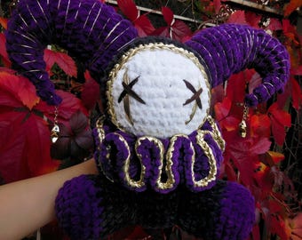 Custom Crochet Jester Plushie – XL 13.5 Spooky Clown Doll, Golden Ruffles, Stars