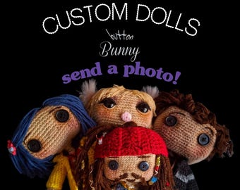 May include: Crochet custom dolls with button eyes, including a doll with blue hair, a doll with blonde hair, a doll with brown hair, and a doll wearing a red bandana. The text says "CROCHET CUSTOM DOLLS by button Bunny send a photo!"