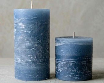 Blue Shale Textured Pillar Candle Set: Dripless Paraffin Modern Stone Effect Minimalist Home Decor