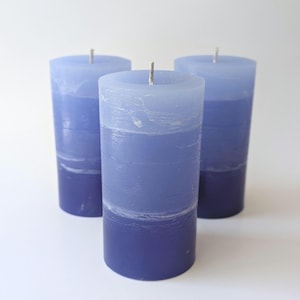 Ocean Haze Blue Pillar Candles Set Of 3 Handcrafted Unscented Layered Wax Coastal Decor Serene Home Accent Gift