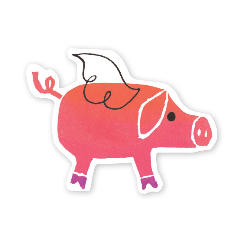 May include: A pink pig with a white wing and purple hooves. The pig is drawn in a cartoon style with a simple, whimsical design.