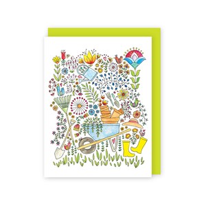 Cartão de carrinho de mão, amante do jardim, cartão de dia das mães para a mãe, presente de jardim para ela, cartão de flores, convite para festa no jardim, cartão da vovó, jardim de arte