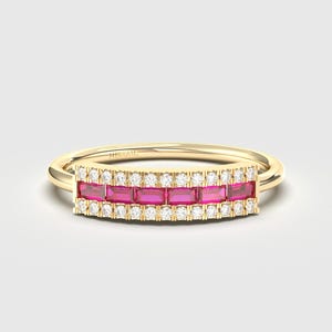 14K Gold Baguette Ruby Diamond Ring, July Birthstone Ring for Women, Red Gemstone Promise Dainty Ring, Handmade Bridesmaid and Birthday Gift
