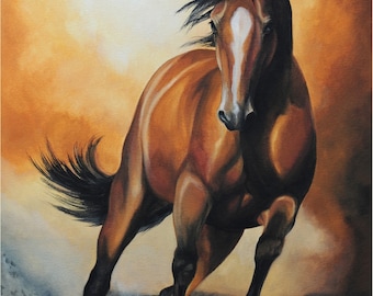 May include: A brown horse with a white stripe on its face runs through a field of golden light. The horse's mane and tail are black and flowing in the wind.