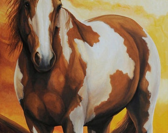 May include: A brown and white pinto horse stands in a field with a golden sunset in the background. The horse is looking directly at the viewer.