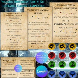 Puede incluir: Un kit de fiesta con temática de mago con plantillas de Canva editables. El diseño incluye invitaciones, notas de agradecimiento y etiquetas para pociones. Las invitaciones presentan texto como "Celebración Mágica" y "Johnson's School of Magic & Fun!"