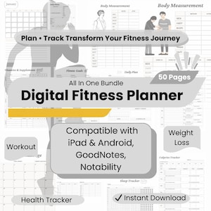 Digital Fitness Planner | Undated Workout, Meal Planner | Weight Loss Journal, Habit Fitness Tracker | GoodNotes iPad & Android