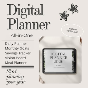 Op de afbeelding: Een digitale planner met de tekst "Digital Planner 2026" op een tabletscherm. De afbeelding bevat de woorden "All-in-One", "Daily Planner", "Monthly Goals", "Savings Tracker", "Vision Board", "Meal Planner" en "Start planning your year".