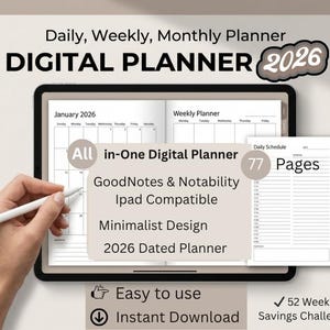 2026 Digital Planner, All-in-One Digital Planner, Minimalist Planner, Daily, Weekly planner, GoodNotes Planner, 2026 Dated Planner