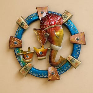 Gold Metal Ganesha Wall Art: Hindu Yoga Room Decor